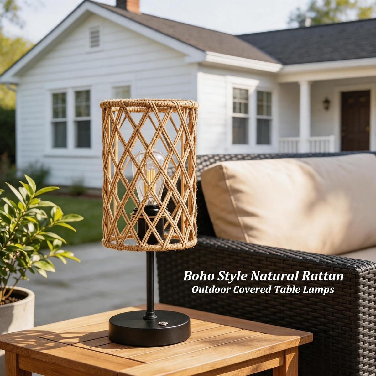 Rechargeable Outdoor Patio Table Lamps, Set of 2 Cordless Battery Operated Portable Boho Rattan Table Lights, for Covered Porch Balcony Garden Decor (Beige)