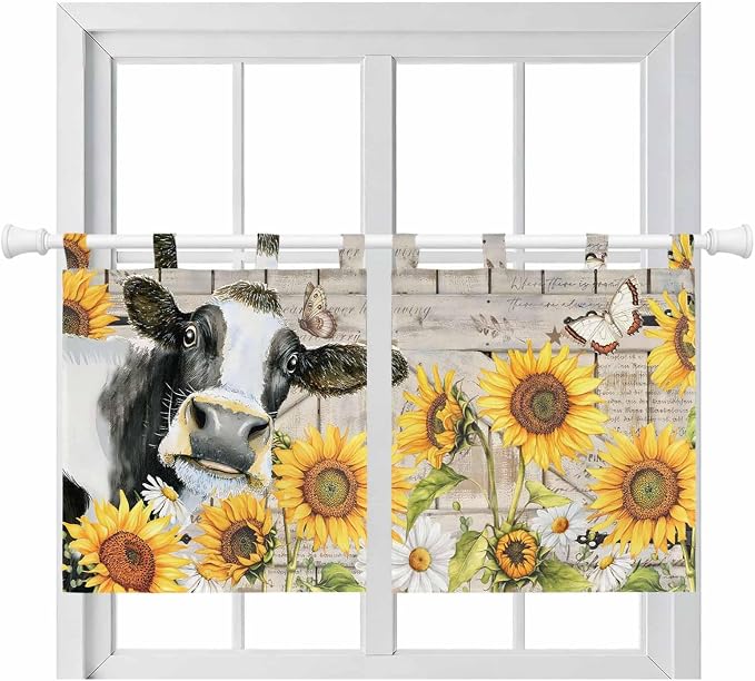 Yellow Sunflowers Kitchen Curtains 24 Inch Length, Small Window Curtains Tab Top