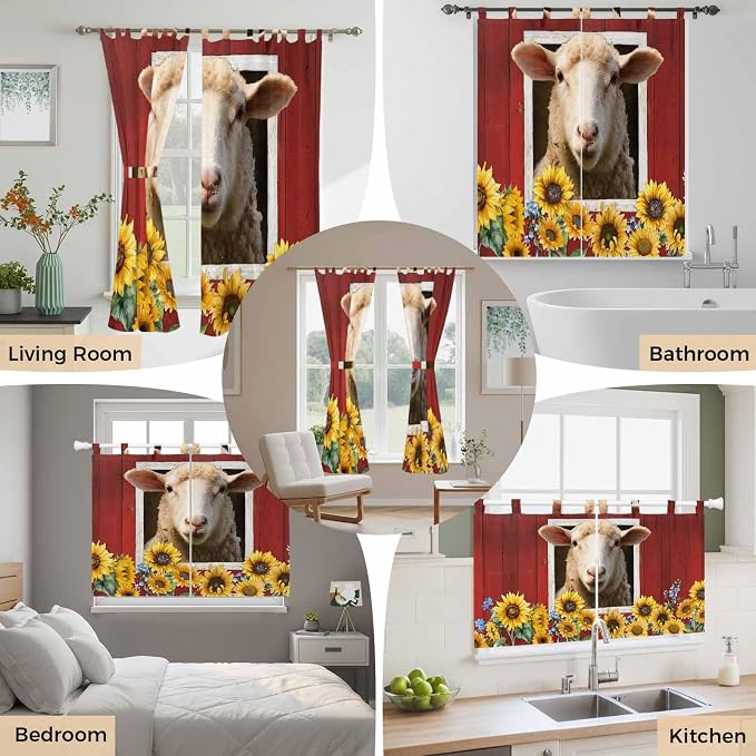 Sheep Sunflower Bedroom Curtains 63 Inch Length, Window Curtains Tab Top