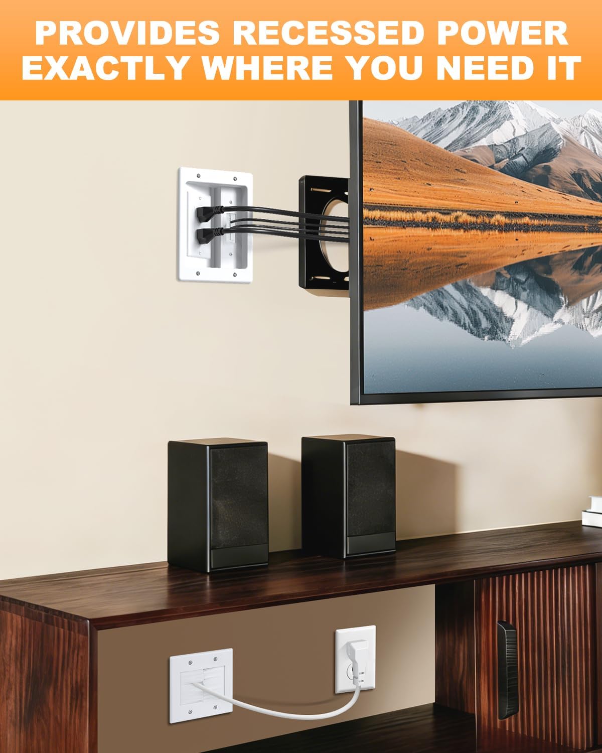 in Wall Cable Management Kit with Recessed Outlet Box, Two-Hole Socket, 10ft Power Cord, Tv Cable Hider Wall Kit Fits All Plugs, Easy, Safe Cable Management