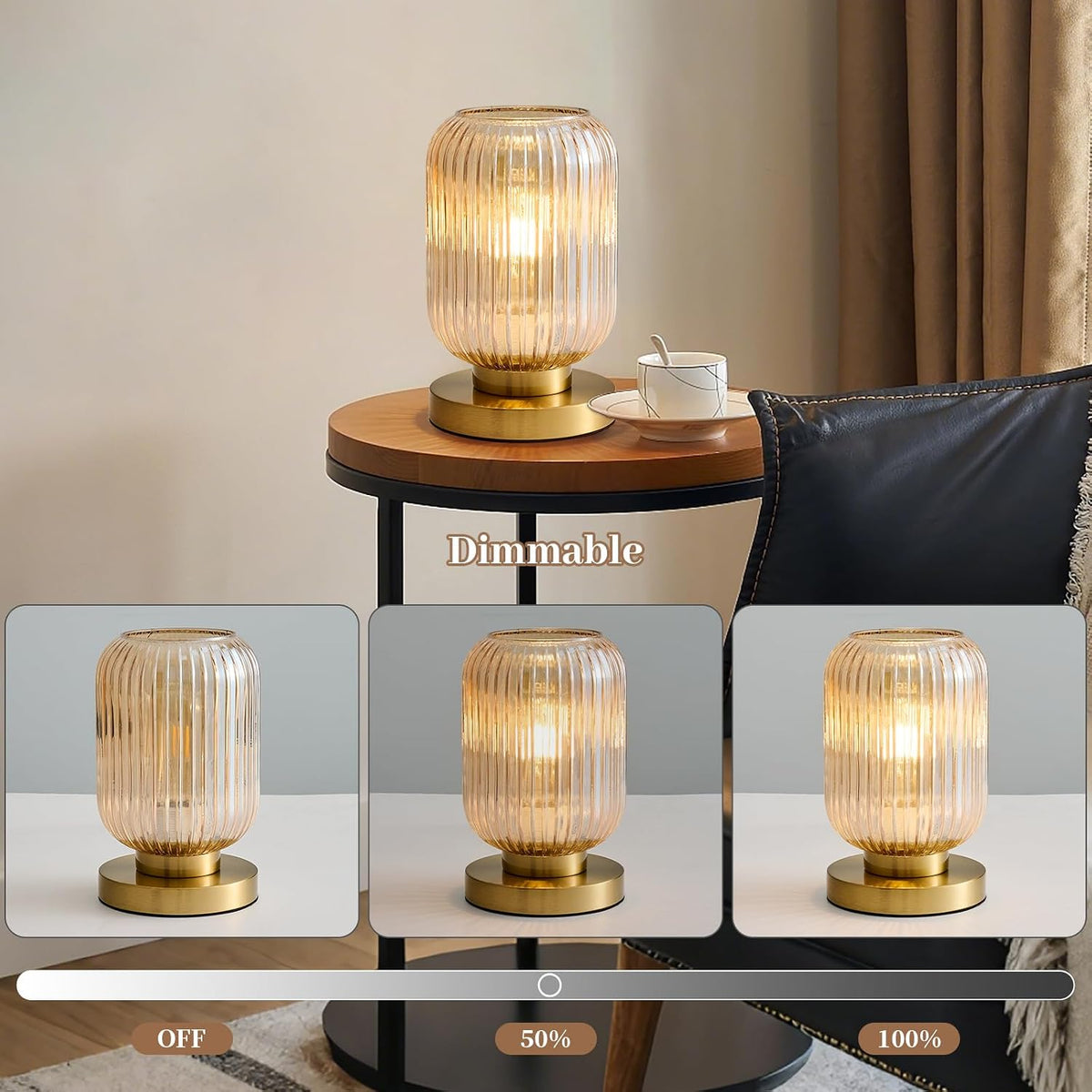 Amber Glass Table Lamp,Vintage Gold Base Ribbed Bedside Lamp