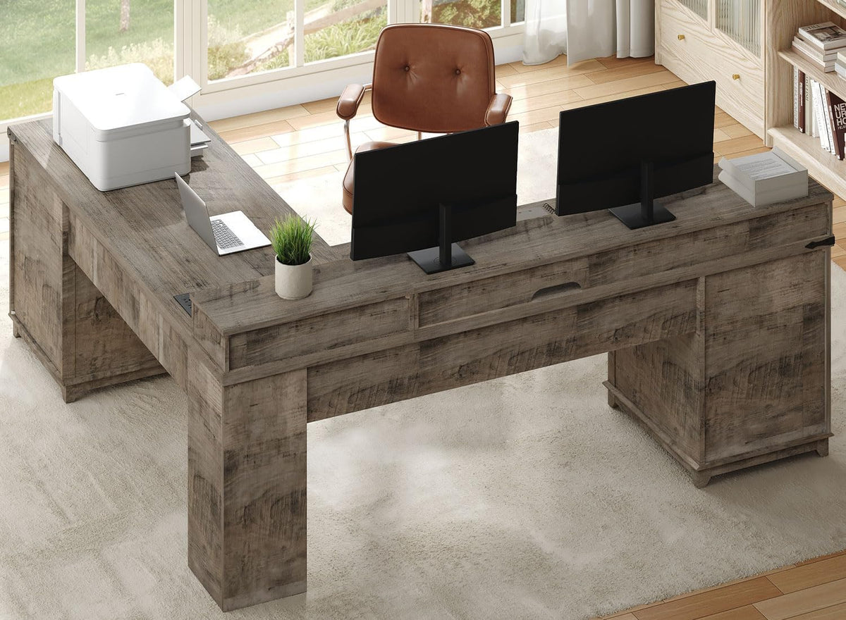 RALGEND Farmhouse 69" L Shaped Office Desk with Drawers and Storage Cabinet