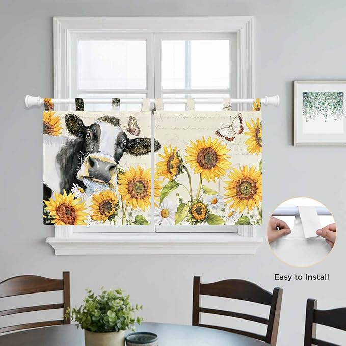Yellow Sunflowers Kitchen Curtains 24 Inch Length, Small Window Curtains Tab Top