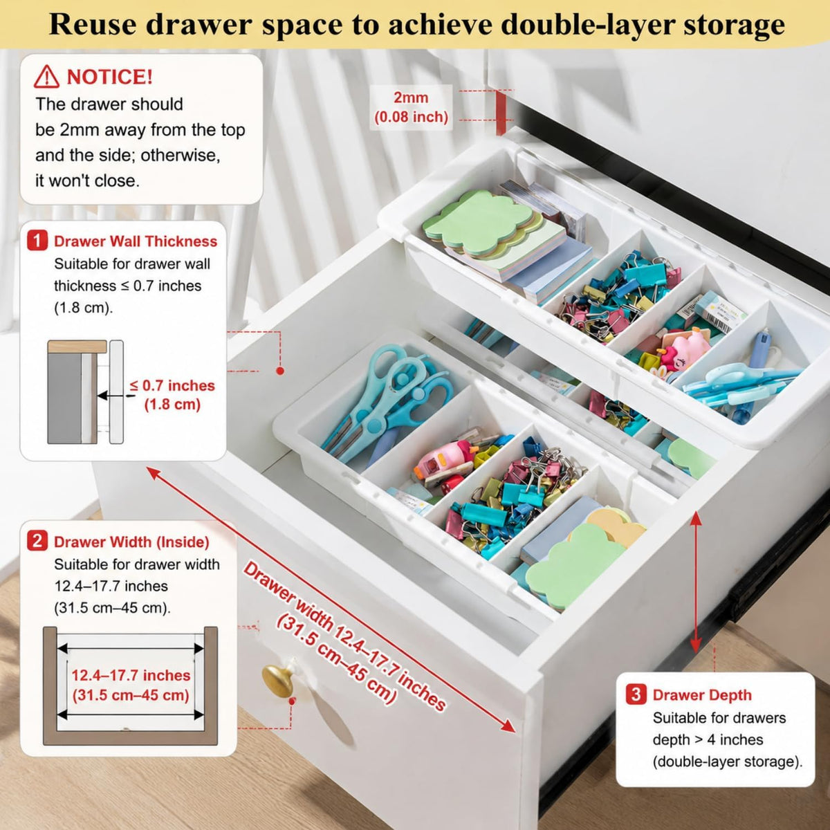 Expandable Deep Drawer Organizer Bins for Desk, White, 3 Pcs