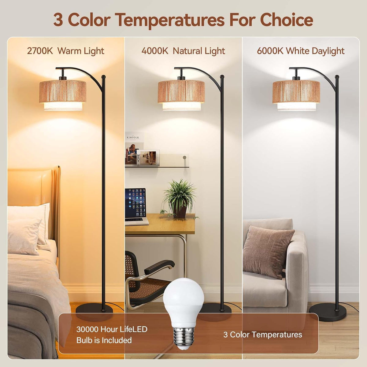 SUNMORY Arc Floor Lamps for Living Room, Rattan Standing lamp with 12W Bulb