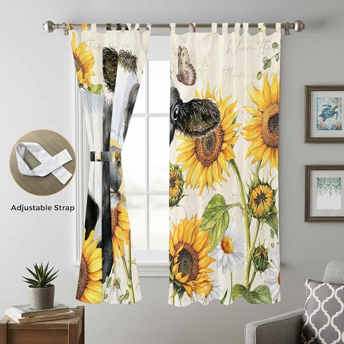 Yellow Sunflowers Living Room Curtains 96 Inch Length, Window Curtains Tab Top