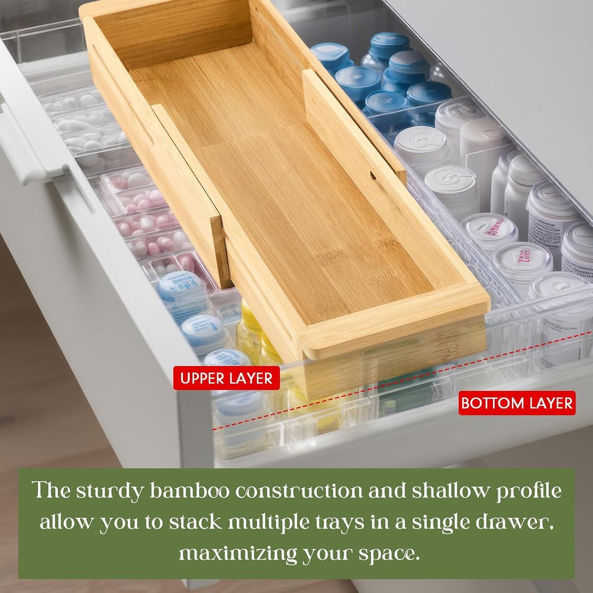 LemonRoad 2 Pcs Sliding Drawer Organizer Bamboo, Wood, 12.4-17.7 Inch