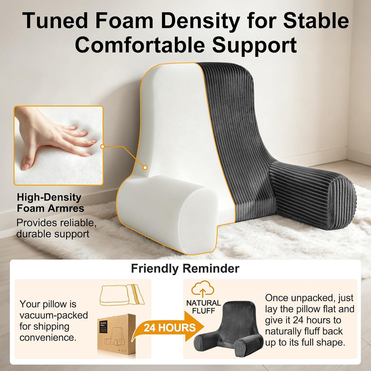 Reading Pillow for Bed Sitting Up, Back Support Pillow with Arms