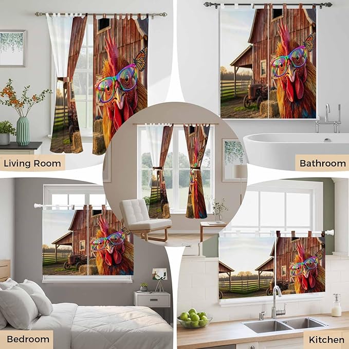 Farm Rooster Living Room Curtains 96 Inch Length, Window Curtains Tab Top