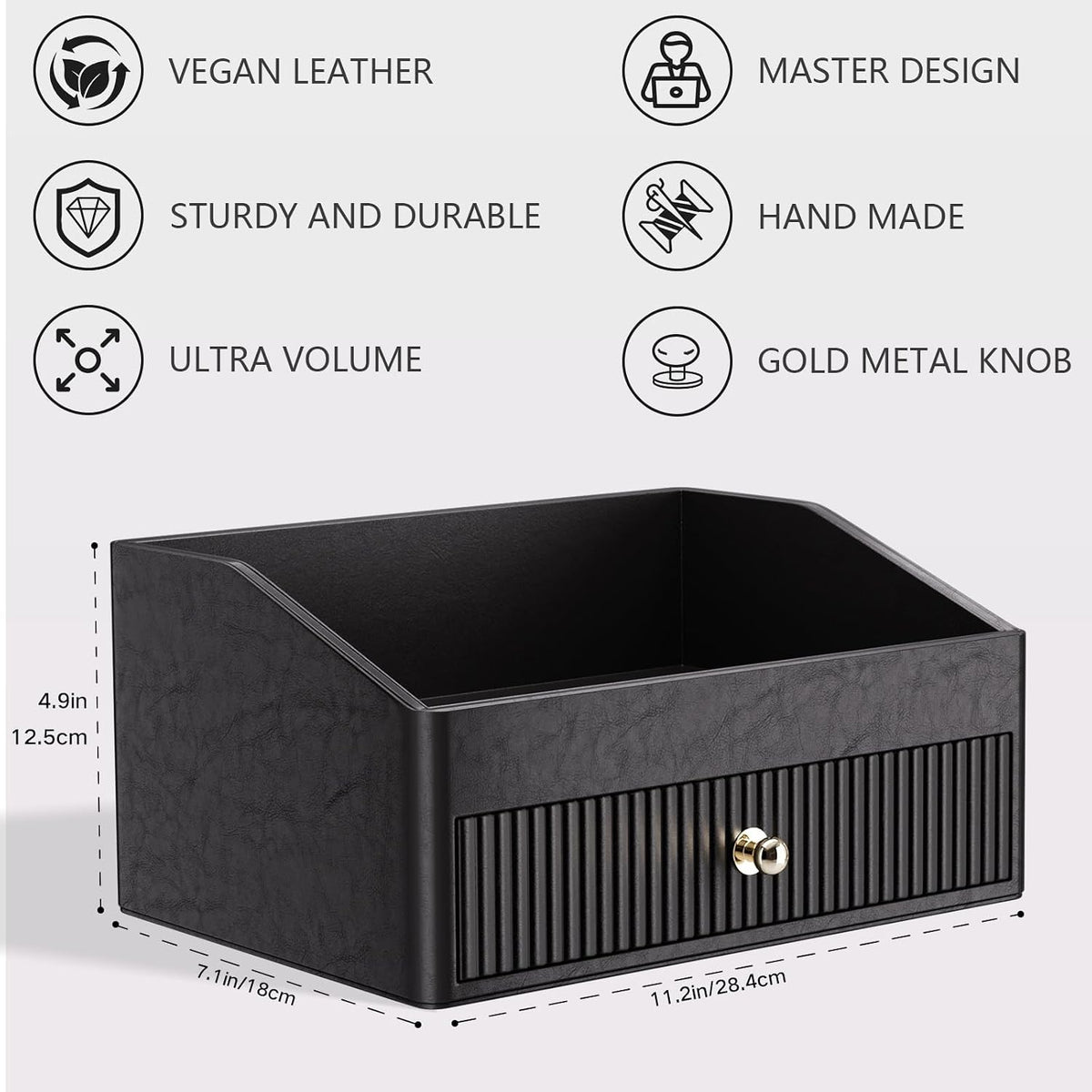 LADSTAG Desk Accessories,Black Vegan Leather Desk Organizers with 1 Draw & Tray,Remote Control Holder with Gold-Tone Metal Accents Knob for End Tables,Bedside Table,Bedroom