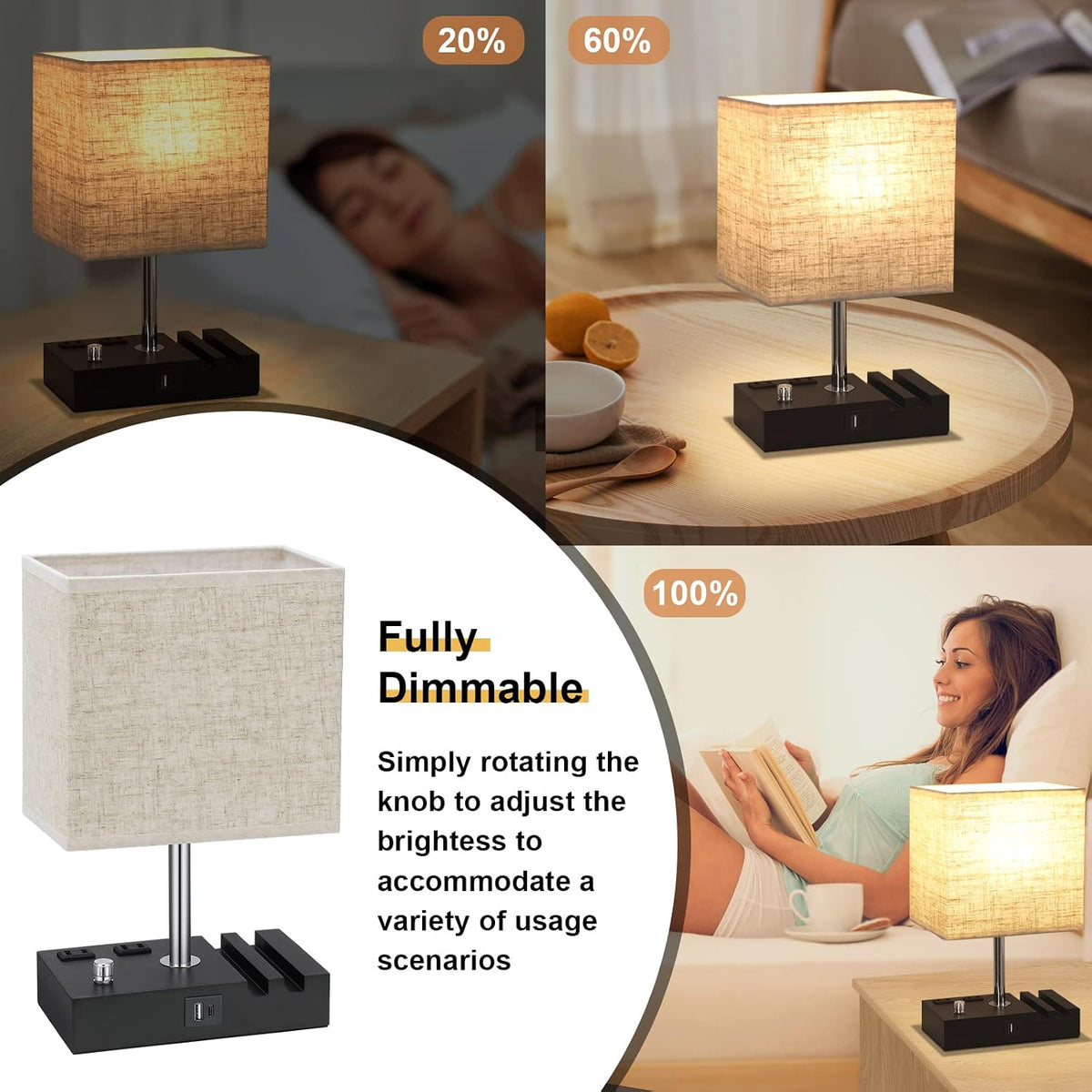 Beige Table Lamp for Bedroom - Stepless Dimmable, USB C+A, 2 AC Outlets