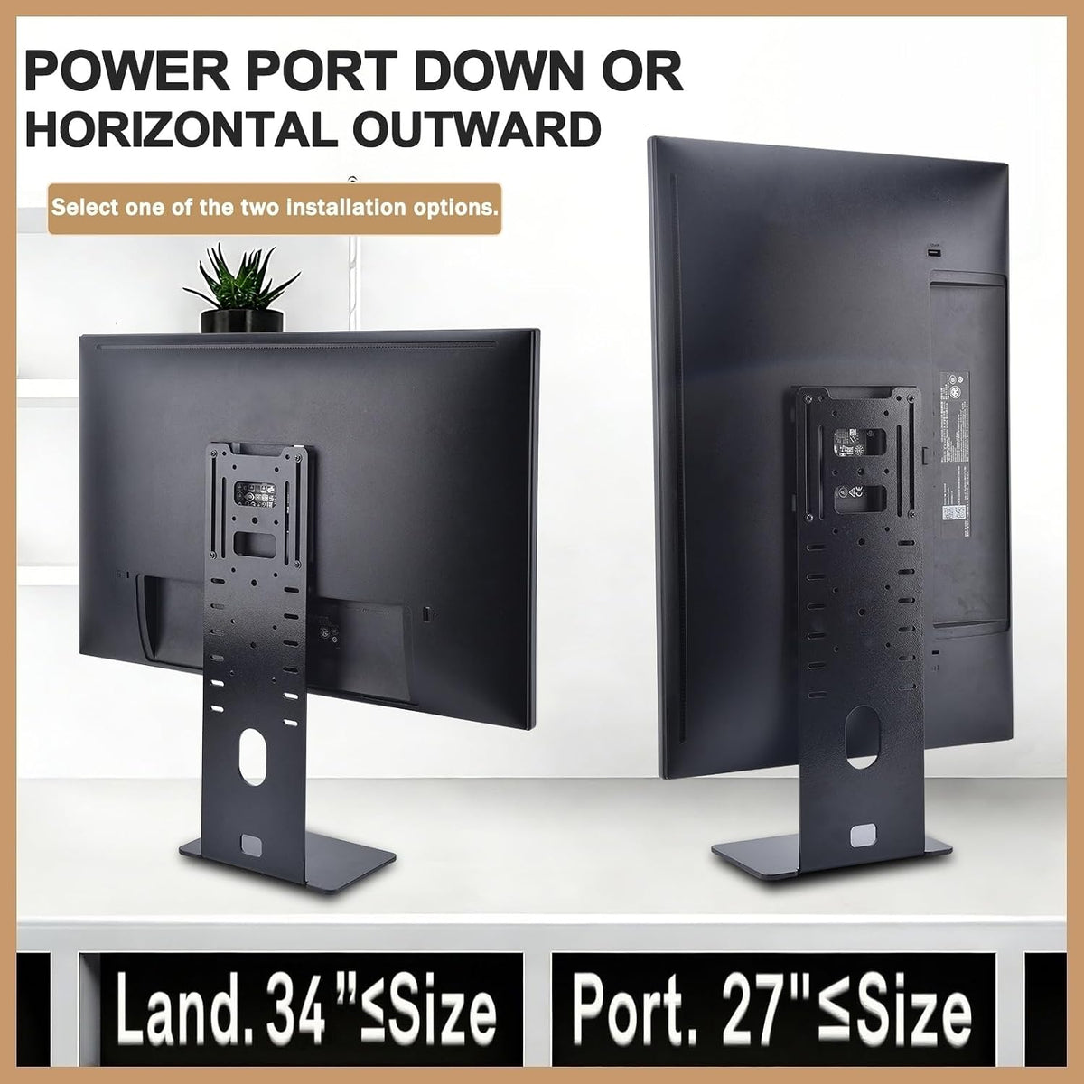 Universal Low Profile Single Screen Computer Desktop Gaming Monitor Replacement Stand, Vertical Mount Compatible with ≤34 Inch VESA 75/100, Power Port Downward or Horizontal Out