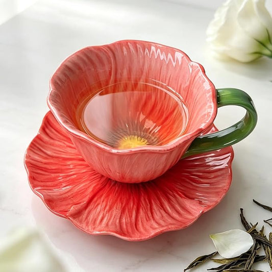 10 oz Tea Cups and Saucers, Flower-Shaped Ceramic Latte Art Cappuccino Cup and
