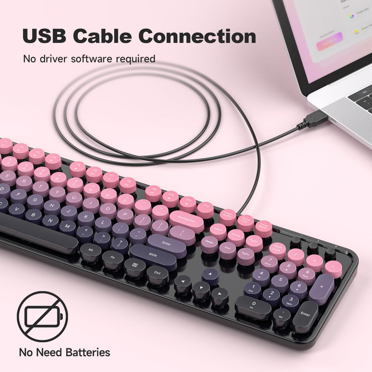 Wired Retro Keyboard, 104 Keys Full-Sized Typewriter Keyboards, Office Keyboard with Number Pad, Foldable Stands for Windows, PC, Laptop, Desktop (Plum Pink Gradient)