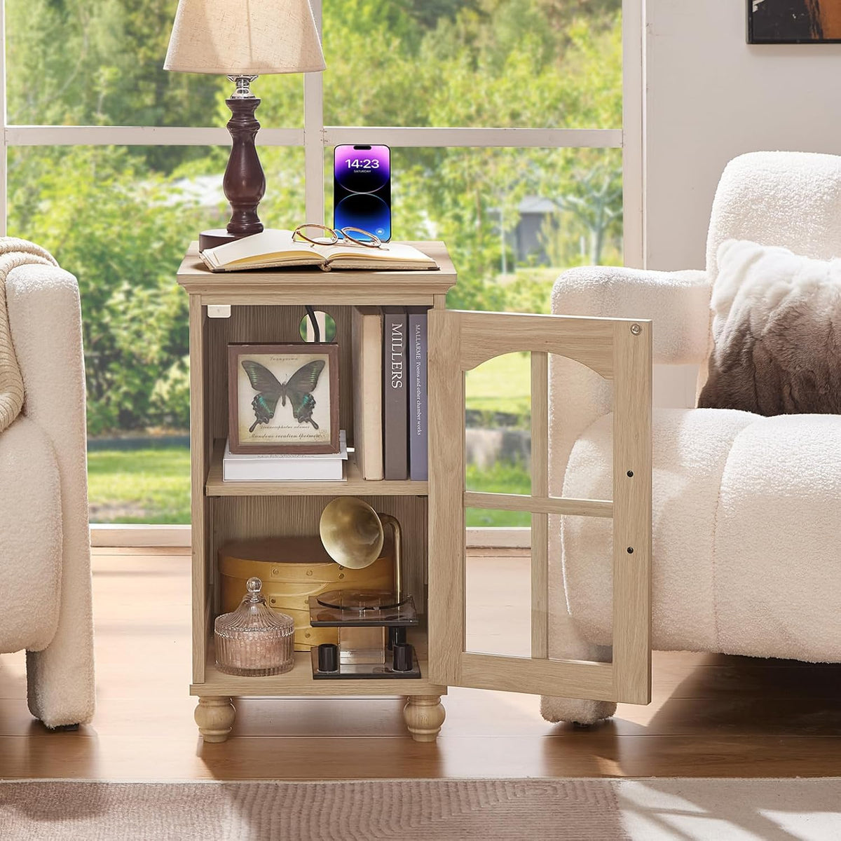 RWYHG Narrow Side Table, Farmhouse Nightstand with Charging Station