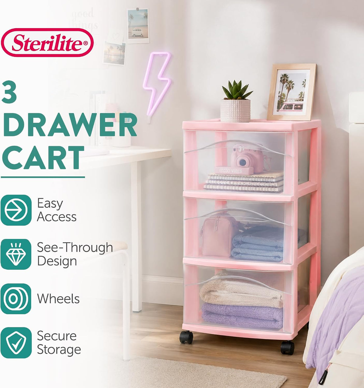 Sterilite 3-Drawer Cart with Wheels for Bedroom and Dresser, 8-Pack