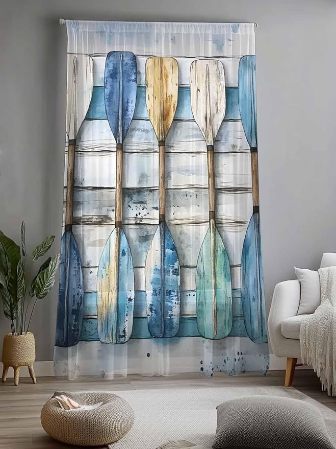 Sheer Curtains 96 Inches Long, Lake Paddle Striped Semi Sheer Curtains Light