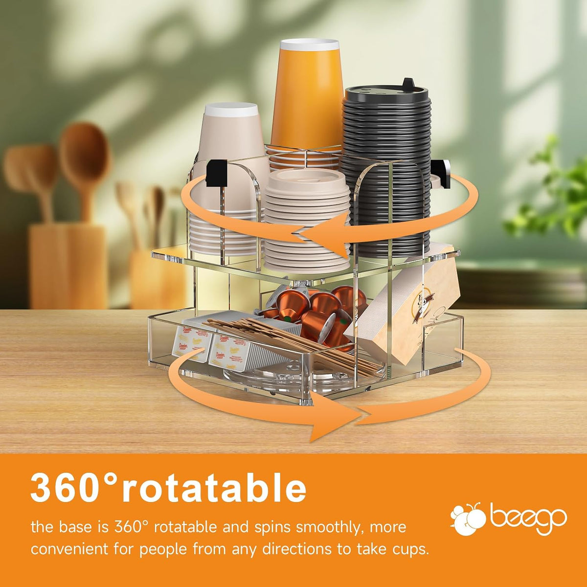 Beego Rotatable 6 Compartment Clear Acrylic Cup Dispenser - Coffee Station Cup and Lid Carousel Countertop Plastic Cup Holder for Restaurant Breakroom Coffee Bar