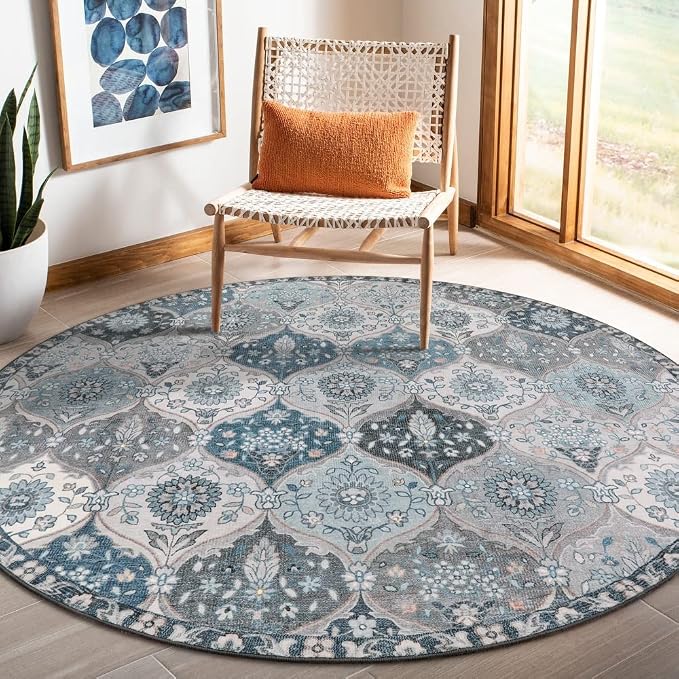 Lahome Moroccan Trellis Round Rug, Faux Wool, Machine Wash, Non-Slip Backing