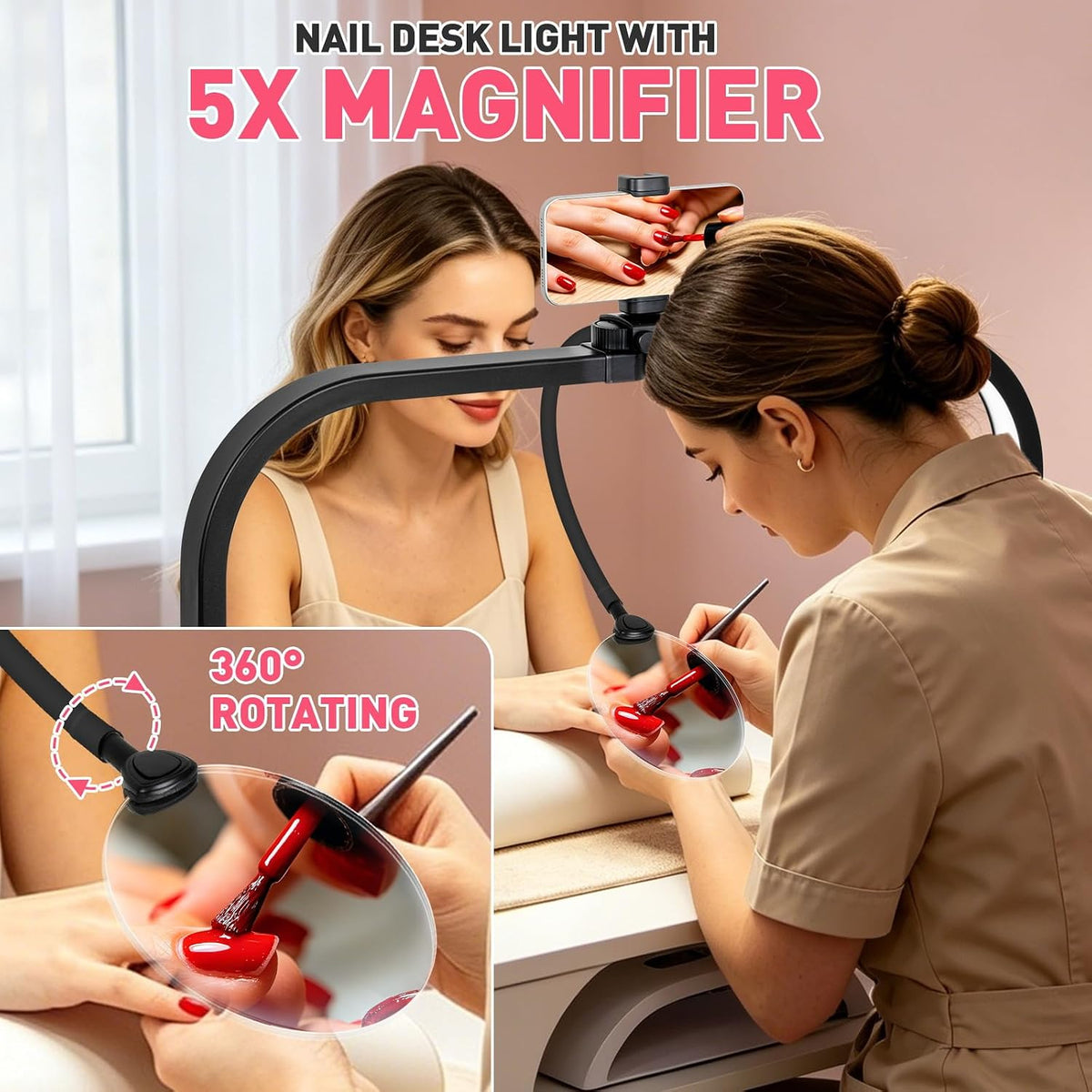 HITTI LED 5X Magnifier Half Moon Nail Desk Lamp, 30" Foldable Arch Light