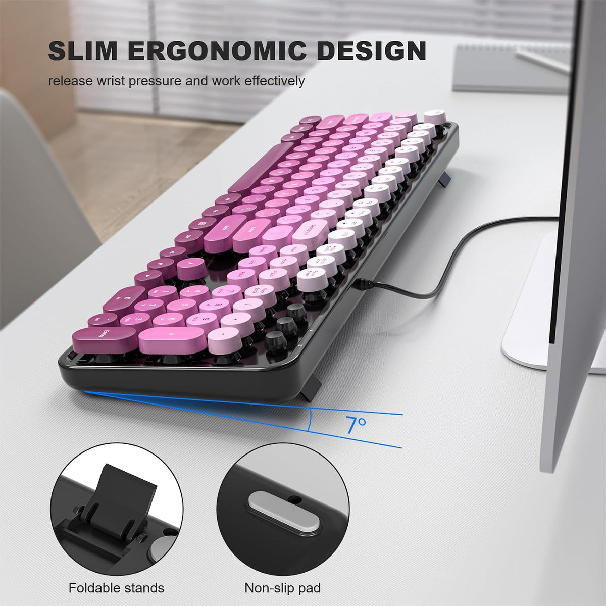 MOFII Computer Keyboards Wired, Plug Play USB Full Size Typewriter Keyboard, Cute Colorful Aesthetic Keyboard with Foldable Stands for Windows PC Laptop (Black Pink Gradient)