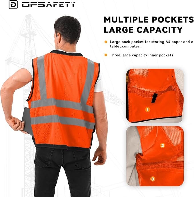 Reflective Safety vest With back plan pocket,High visibility Class 2 Heavy Duty Surveyor Vest with Zipper,Hi Vis Construction Work Vest for Men＆Women ANSI/ISEA(Orange-Bottom,2XL)