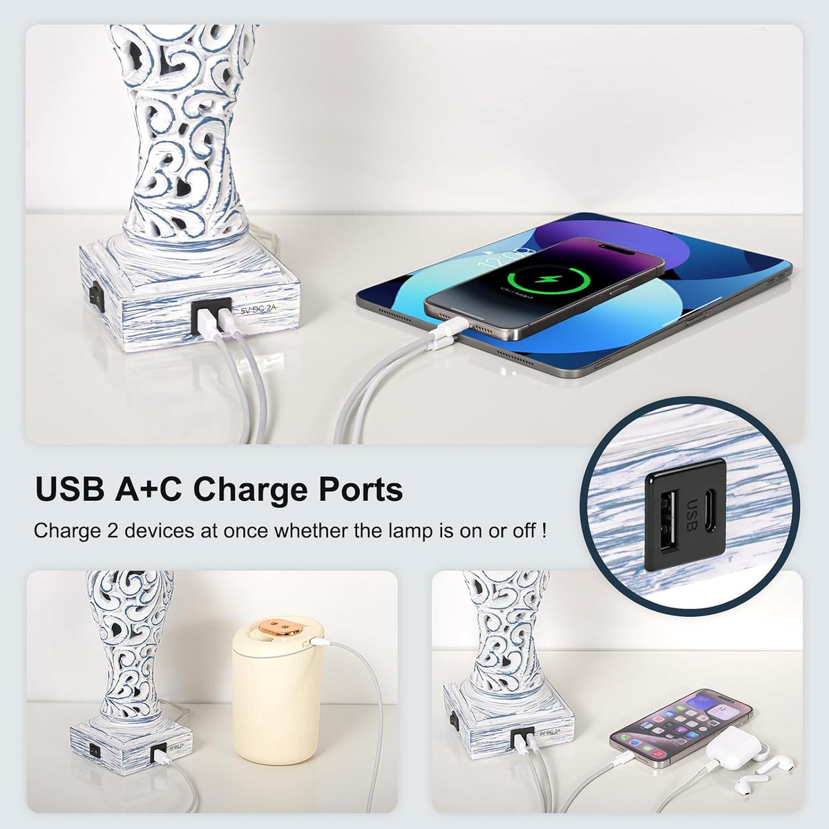 3-Way Dimmable Table Lamp with 2 USB Charging Ports, Washed Blue Finish