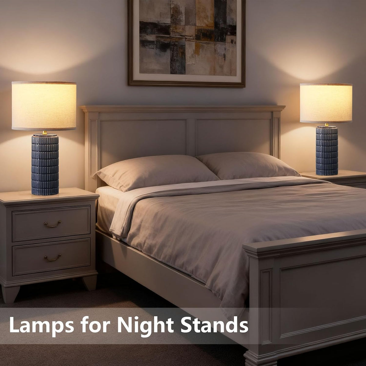Modern Ceramic Table Lamp Set of 2, Bedside Lamp for Bedroom Decor, Nightstand Lamp with 3 Color Temperatures, Desk Light for Living Room Dorm Office, Blue