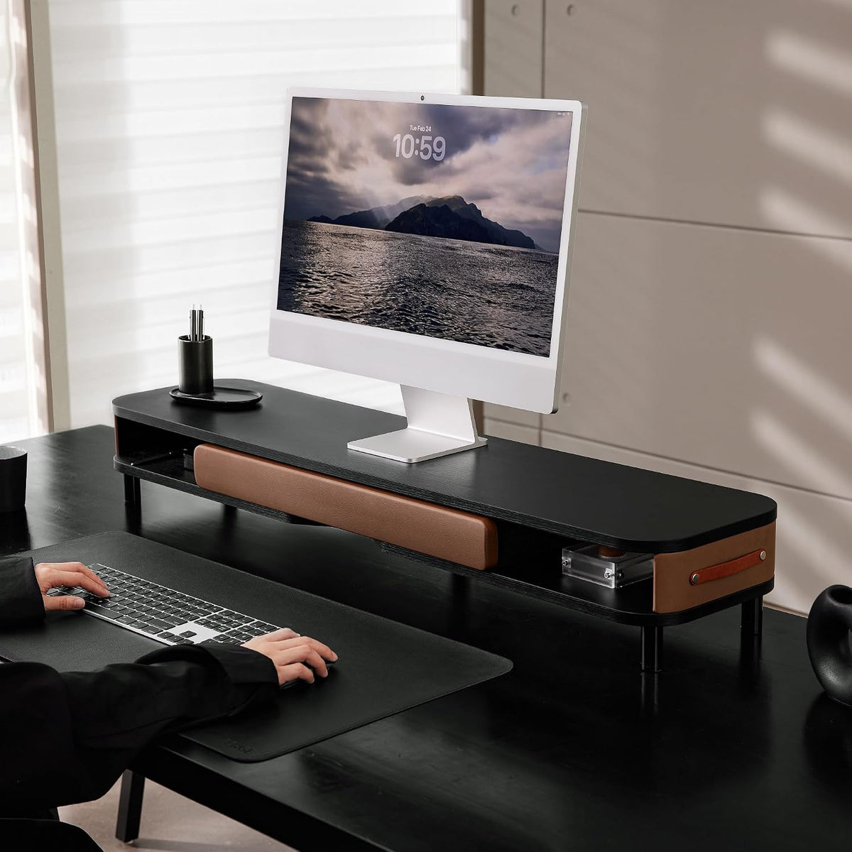 Fenge Dual Monitor Stand with Large Storage Drawer, 42.5" Desk Shelf, Black