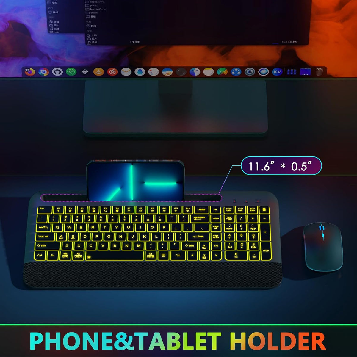 JOYACCESS Silent RGB Backlit Wireless Keyboard Mouse Set, Rechargeable 3000mAh Keyboard, Ergonomic Wrist Rest, 2.4G USB‑A/C, for PC Mac Laptop Office - Space Gray