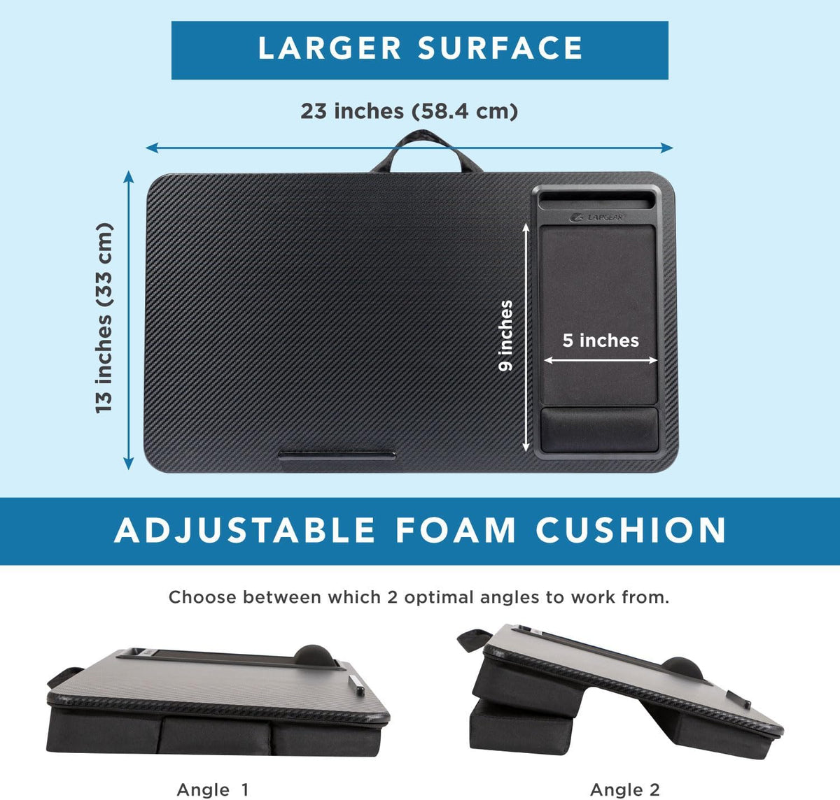 LAPGEAR Extra Large Adjustable Lap Desk – Black Carbon, Fits 17.3" Laptops