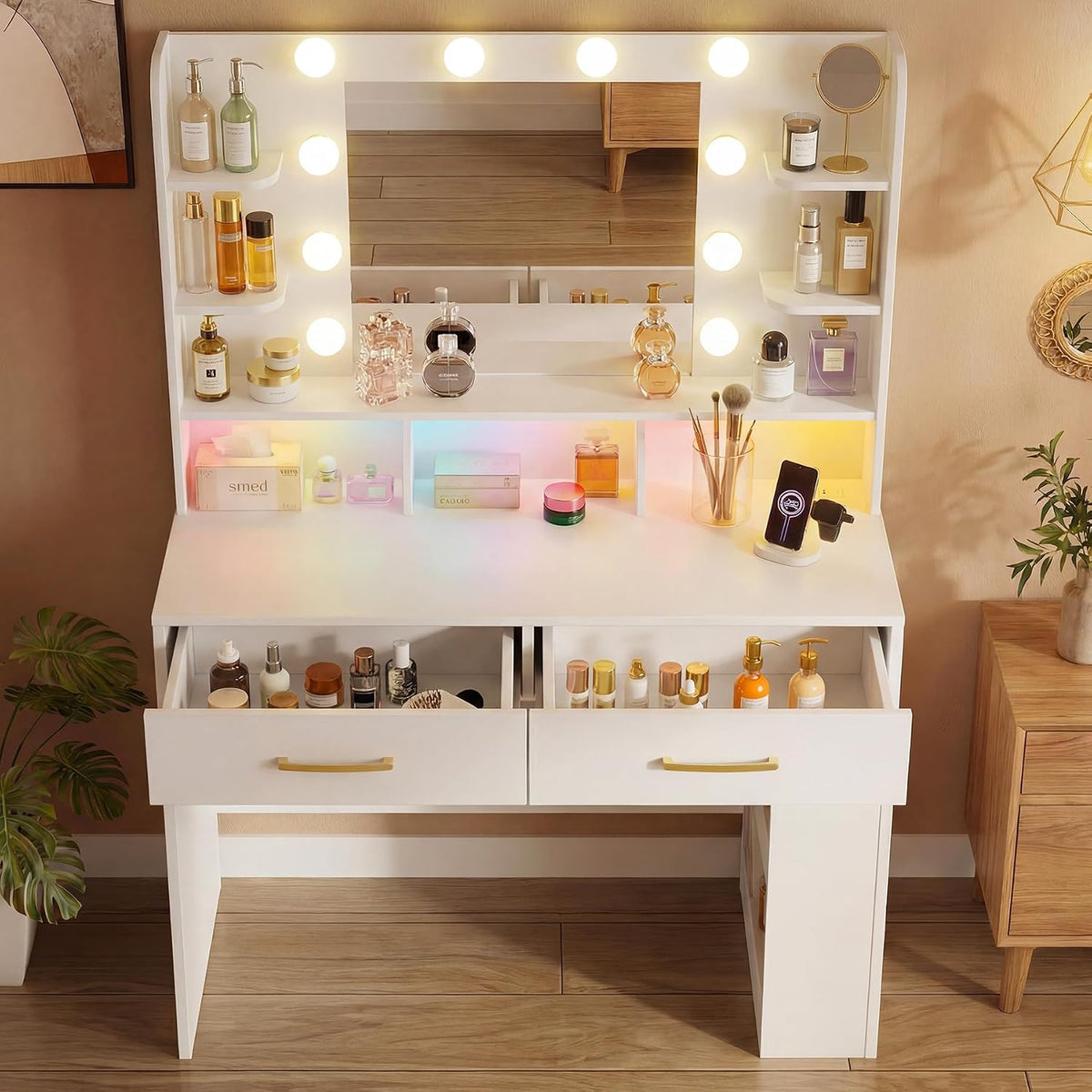 LUCKRACER Vanity Desk with LED Lights Mirror & Charging Station, Makeup Vanity with Storage Drawers and Shelves, Modern Dressing Table for Women Girls Bedroom, Ivory White