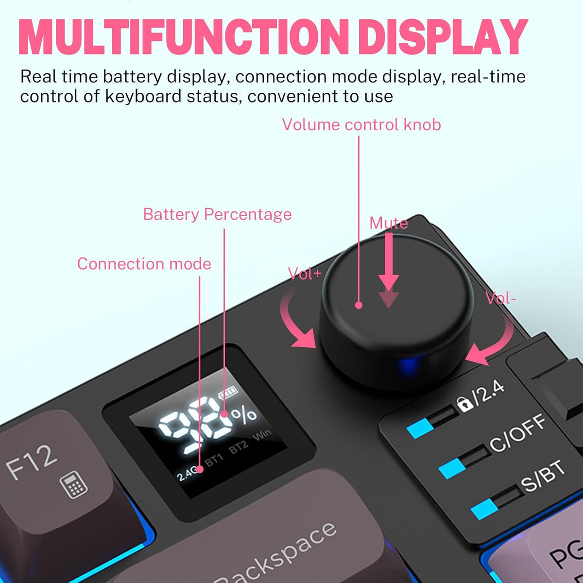 75 ％ Wireless Gaming Keyboard and Mouse Combo, Tri-Mode BT5.0/2.4GHz/USB-C, RGB Backlit Keyboard + 3D 1600DPI Mice, 2000mAh Battery, 80 Keys, Knob Volume Control (Gradient Pink)