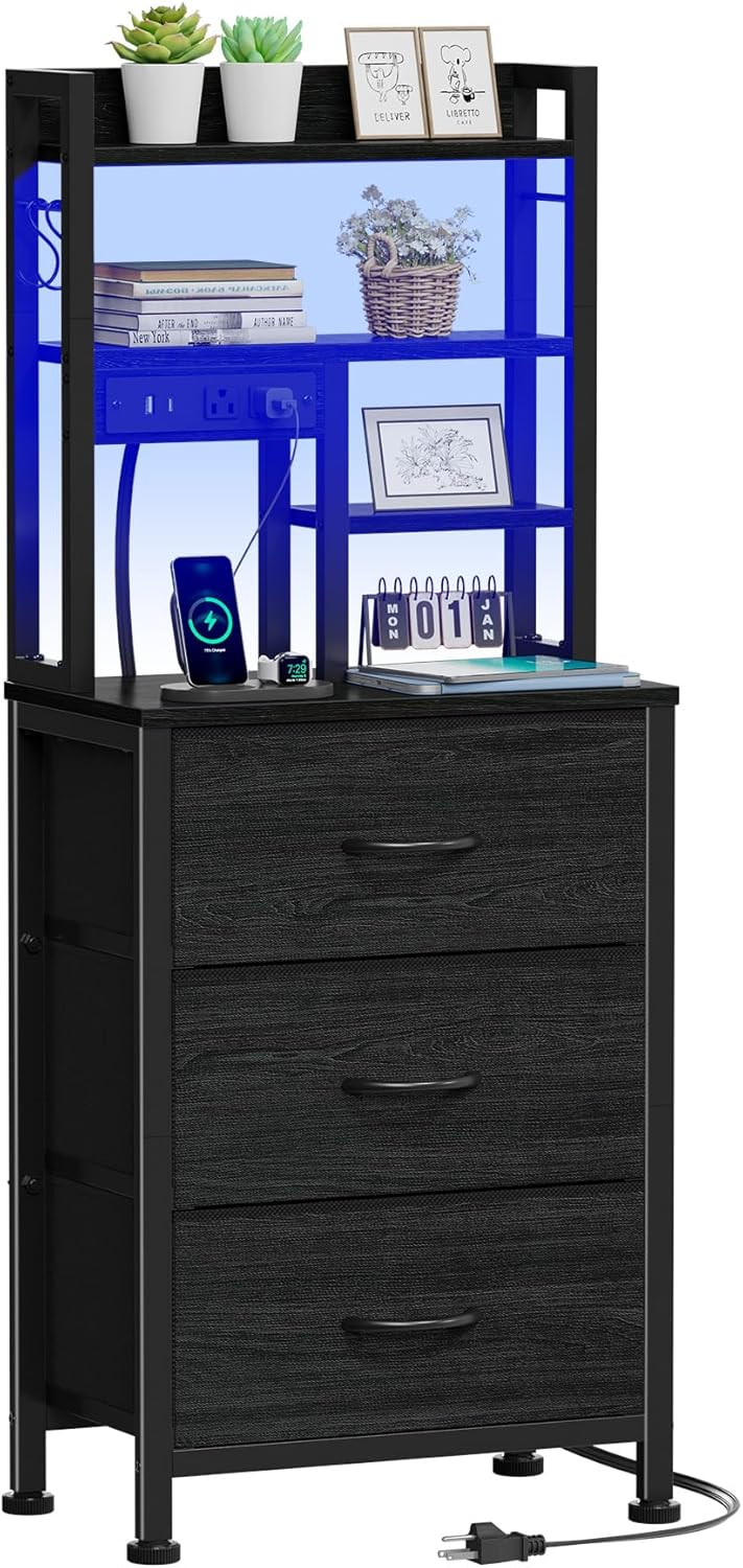 Furnulem Black Nightstand with Bookshelf, Tall Bedside Table & Night Stand