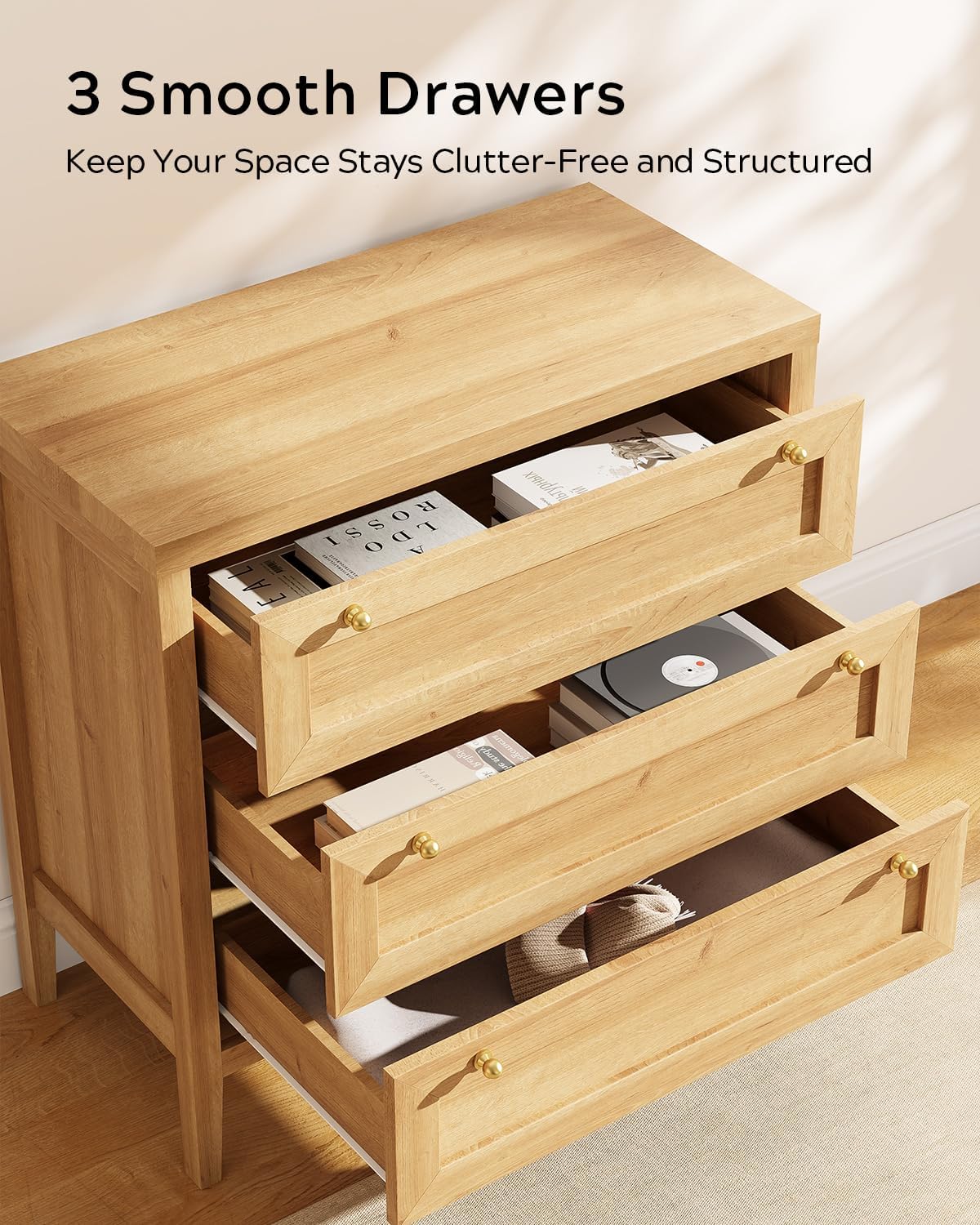 3 Drawers Dresser for Bedroom, Farmhouse Closet Storage Organizer with Golden Handles, Wooden Nightstand End Table for Living Room, Bedroom, Entryway, Hallway, Natural Oak