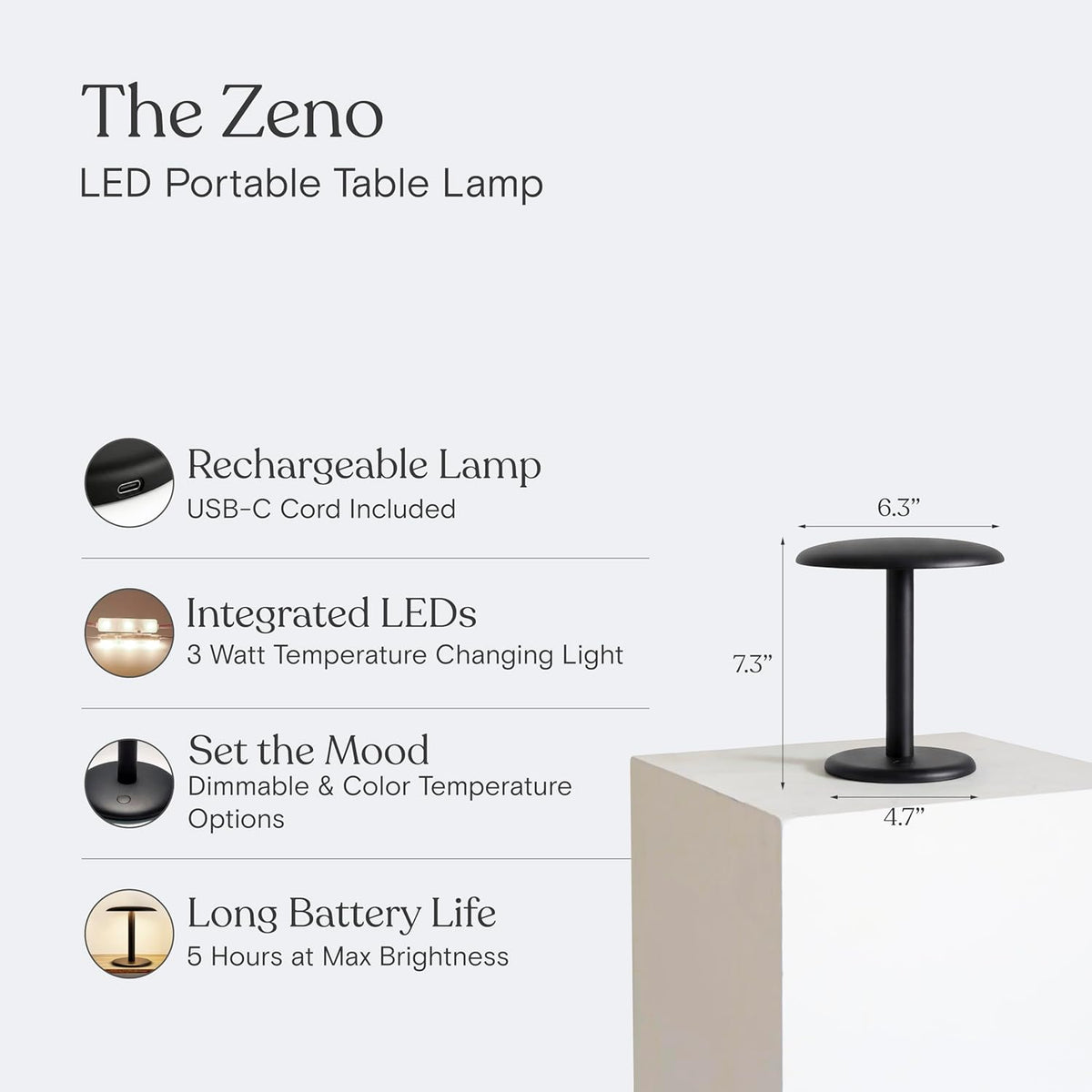 Brightech Zeno Cordless LED Table Lamp - Small 7.5in Touch Dimmable Bedroom, Side Table, End Table, Desk - Modern Rechargeable Portable Bedside, Living Room Light, Great for Outdoor, Camping - Black