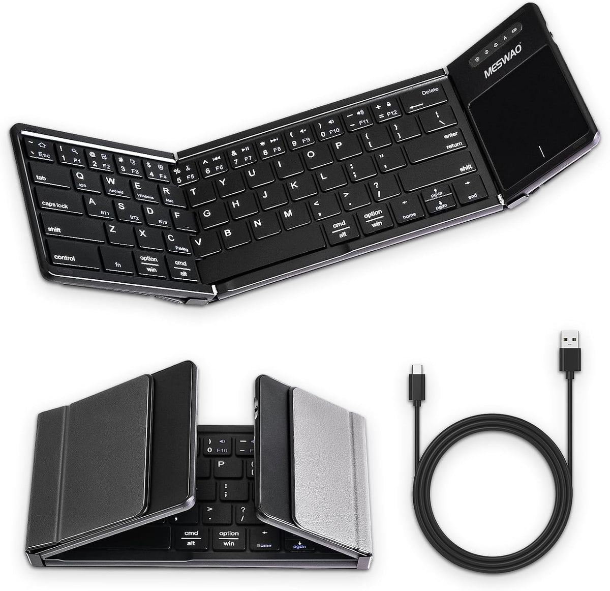 MESWAO Foldable Bluetooth Keyboard with Touchpad, Wireless Folding Keyboards with PU Leather (Sync up to 3 Devices), Full-Size Portable Keyboard for Android/Windows/iOS