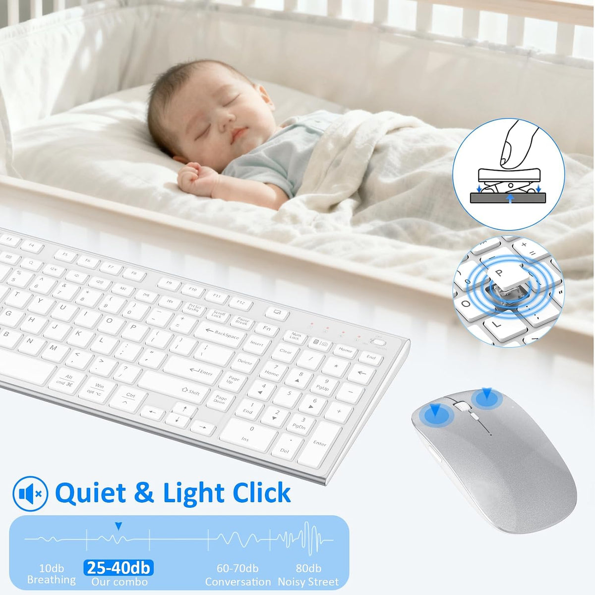 Keyboard and Mouse Wireless, Slim Flat Silent Quiet White Silver
