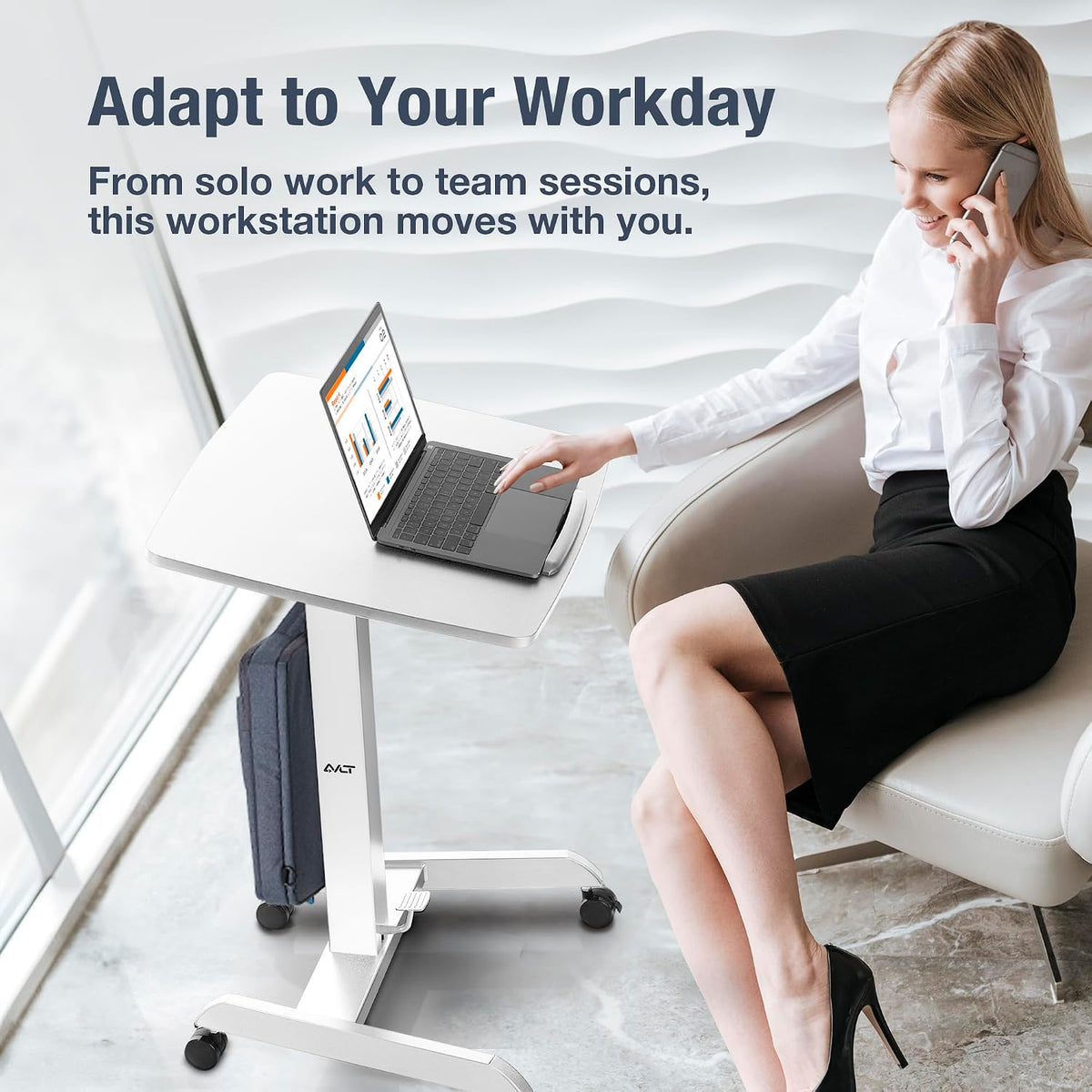 AVLT 47" Height Adjustable Mobile Workstation with Tilting Desk - White