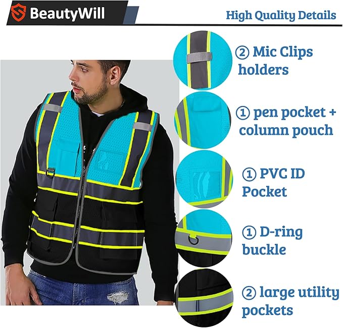 5 Pack Custom Safety Vest Customized Logo Mesh Vest Class 2 High Visibility Reflective Vest with Pockets Workwear（LightBlue Black，XXL ）