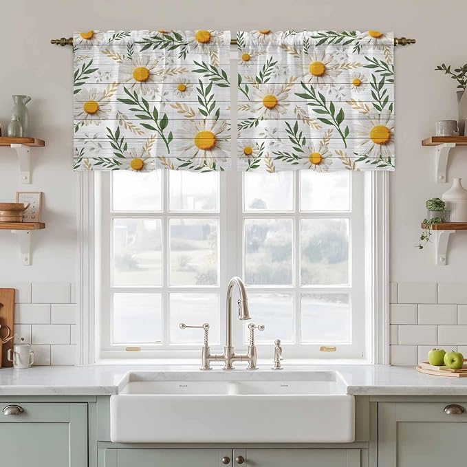 Spring Daisy Tier Curtains, Farmhouse Country Flower Leaf Plant Wood Grain