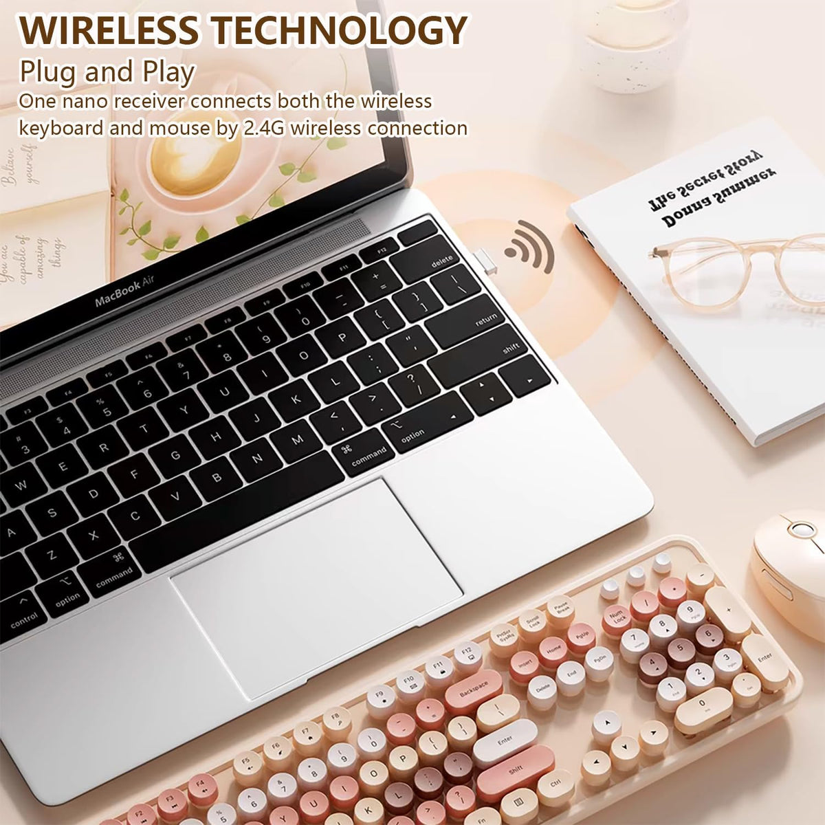 Wireless Keyboard and Mouse Combo, Retro Typewriter Style Keyboard with Round Keycaps, 2.4GHz Dropout-Free Connection Mouse with,Computer PC Desktops Laptop WindowsxP/7/8/10 (Brownish Tea Color)