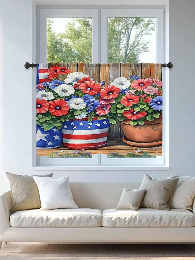 Sheer Curtains 54 Inch Length, Retro Independence Day Flag Wood Grain Privacy