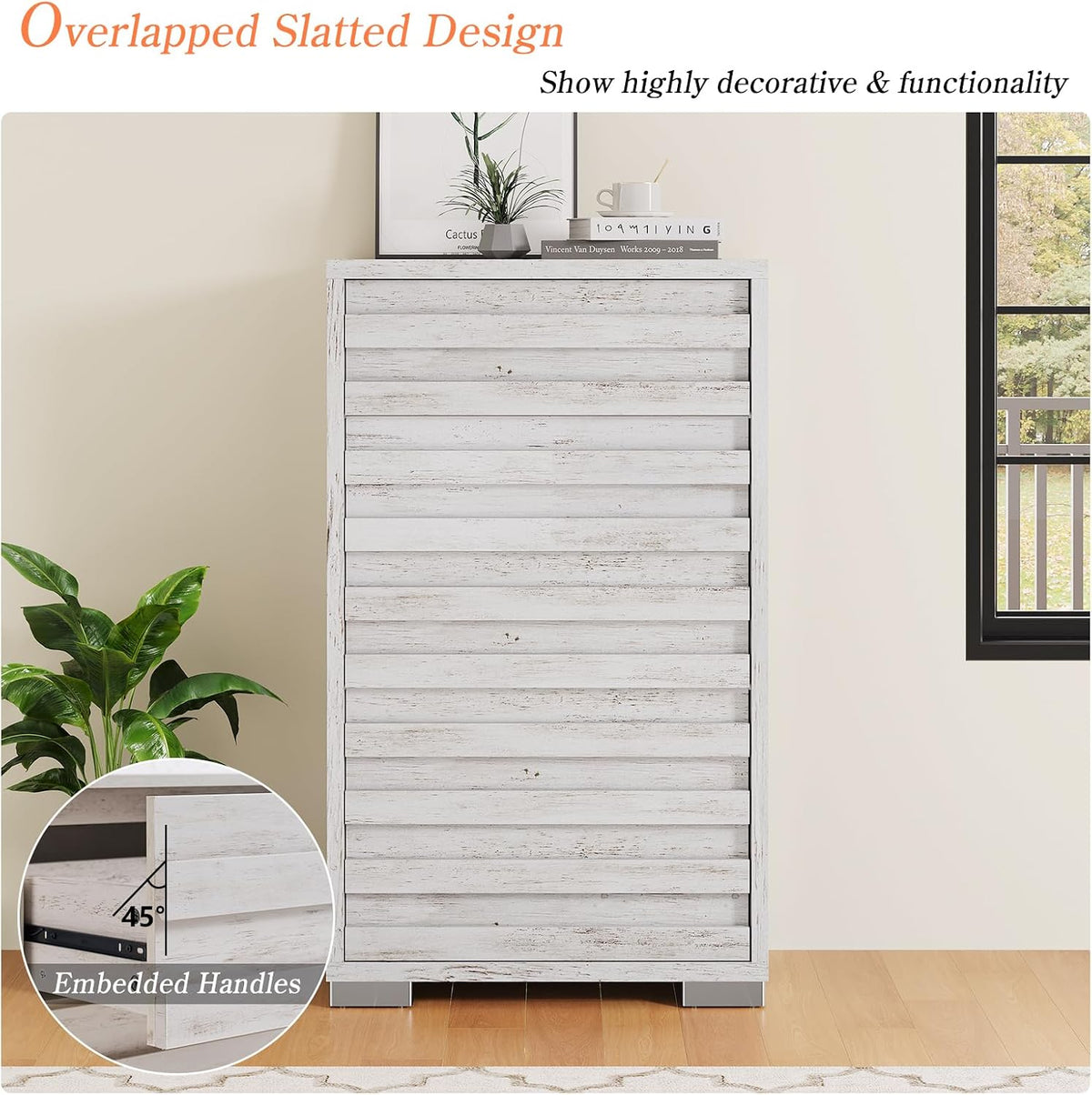 LUXOAK 47" Farmhouse 5-Drawer Dresser with Slat Handles