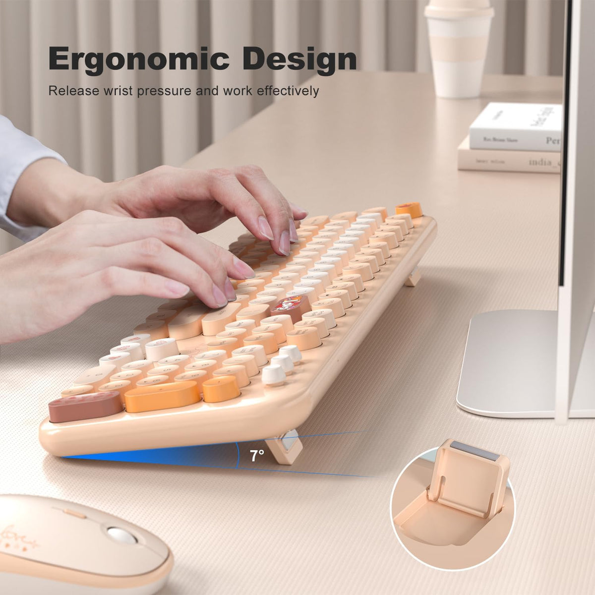 MOFII Wireless Keyboard and Mouse Combo - Pale Coffee Full Sized Plug and Play Colorful Computer Keyboards - 104 Keys Round Keycap USB 2.4G Cute Keyboard for Windows/Laptop/Mac/Desktop/PC
