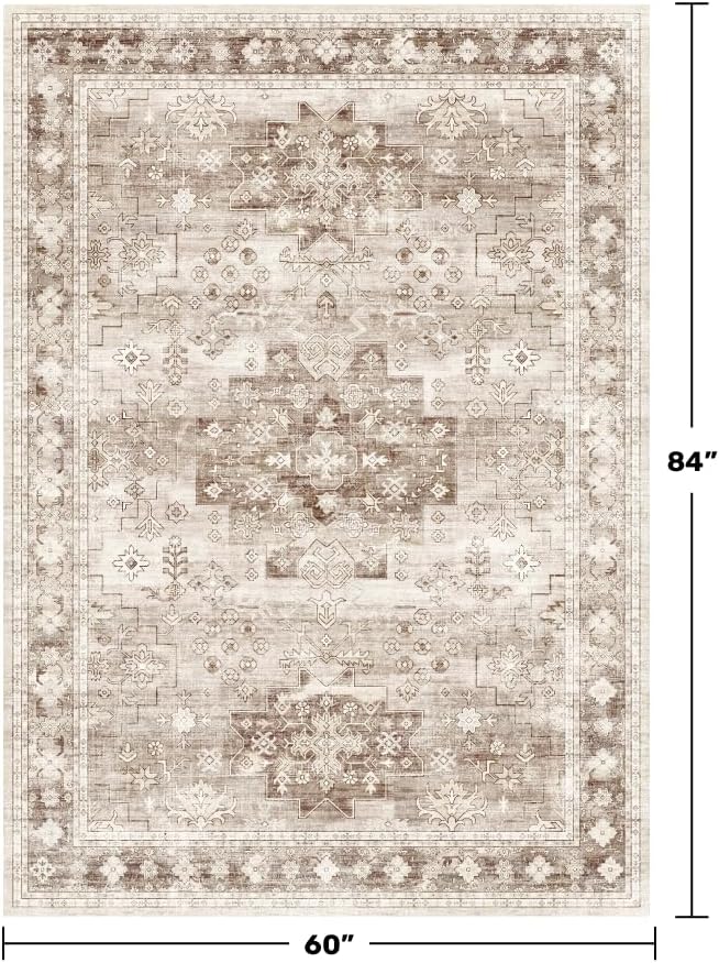 Hazo Haus Washable Neutral Farmhouse Living Room Rug, 5x7 Area Rugs
