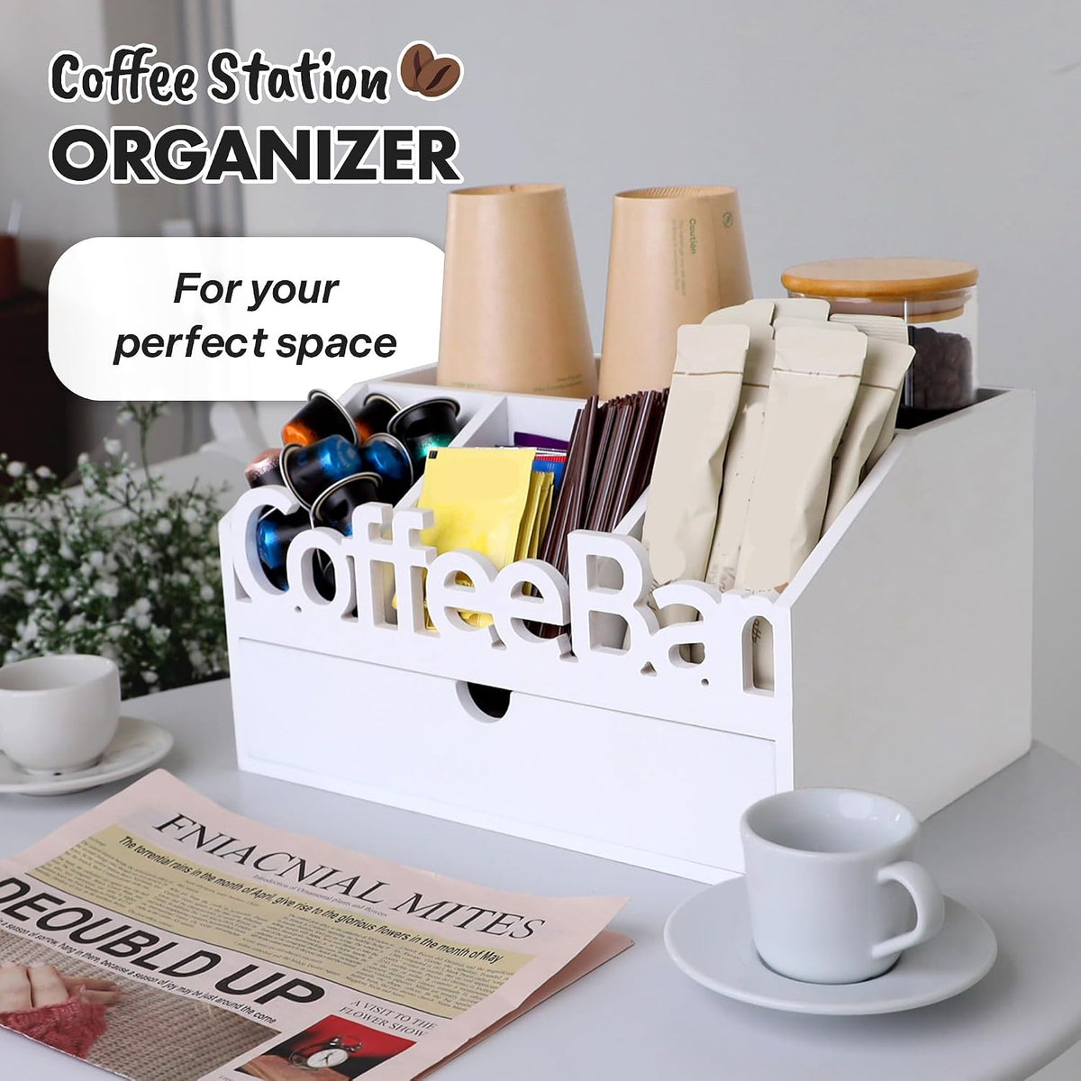 Coffee Bar Organizer Countertop,Wood Coffee Station with Drawer,Home&Office