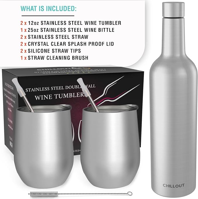 CHILLOUT LIFE 12 oz Stainless Steel Wine Tumblers 2 Pack & 1 Insulated Wine