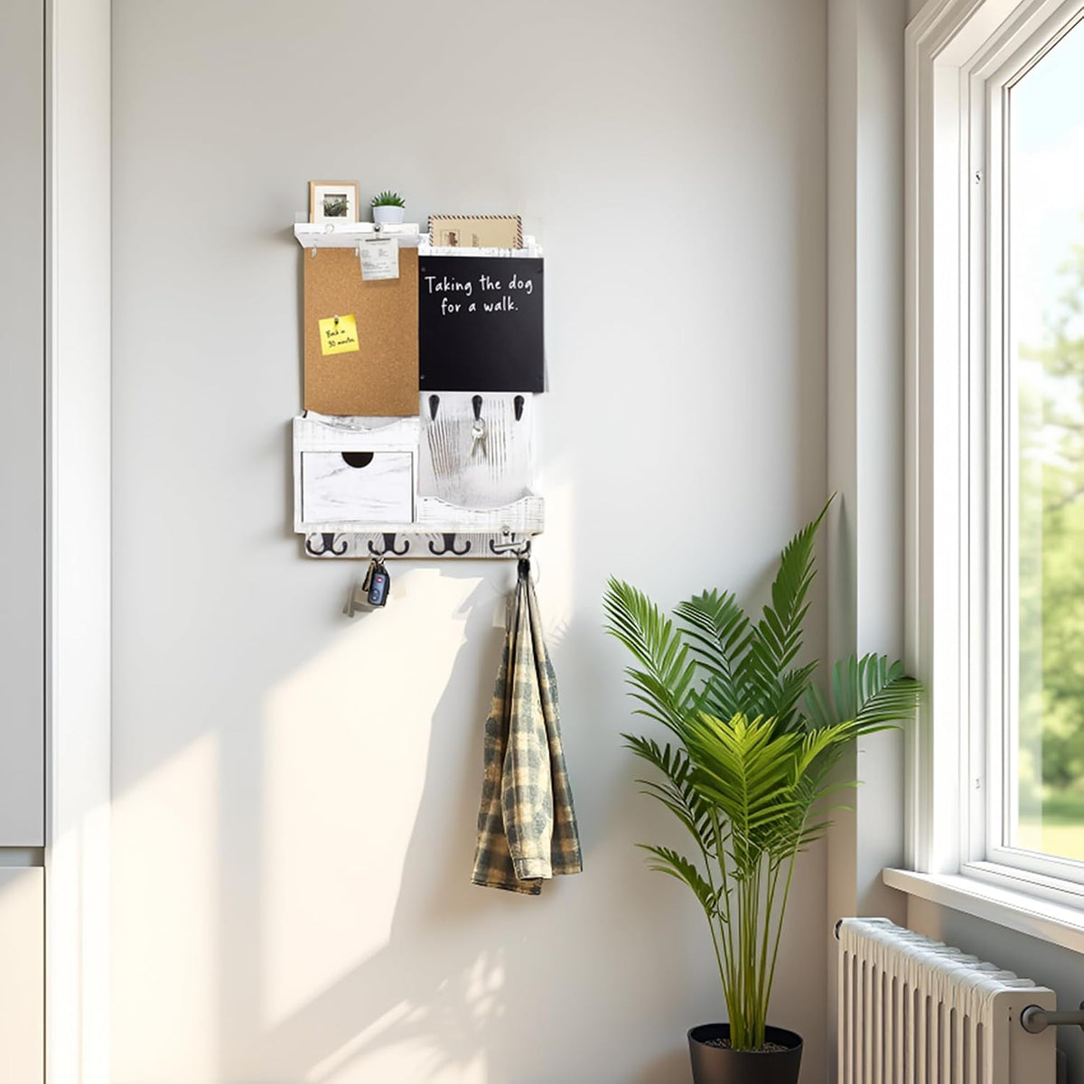 Key Holder Wall Mount with Drawer and Mail Organizer, Whitewashed