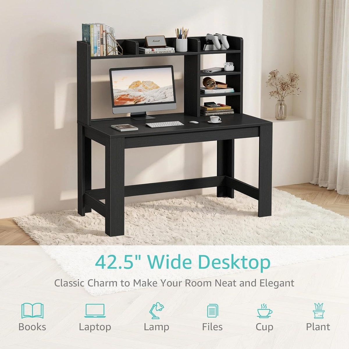 WINAZ 43" Black Gaming Desk with Hutch and Built-in Power Outlet